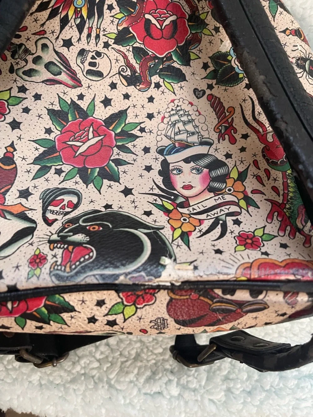 Loungefly Cream Tattoo-Print Mini Backpack with Red, Black & Green Accents